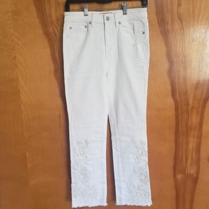 Free people embroidered ankle length frayed white jeans